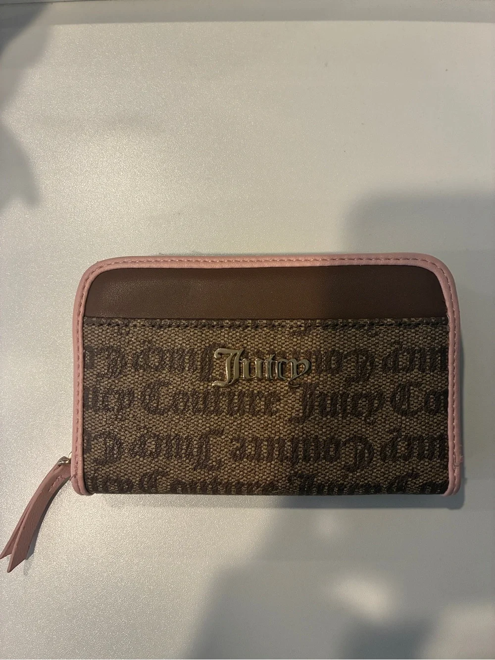 Juicy Couture Brown Logo Zip Wallet with Pink Trim